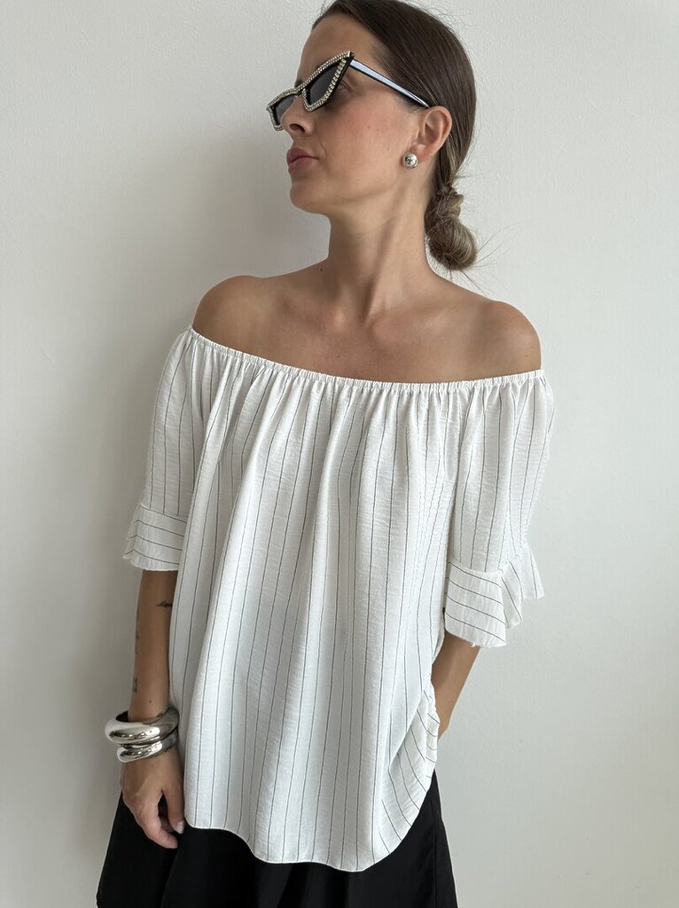 Blusa gessato scollo barca - Bianco 