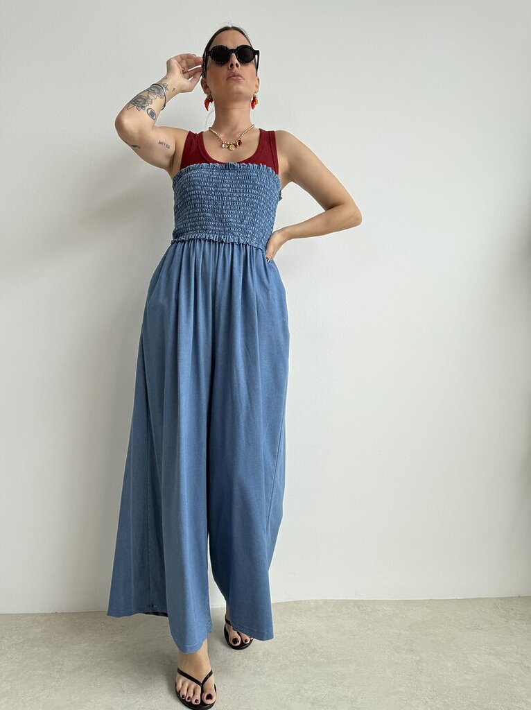 Tuta denim corsetto drappeggiato 