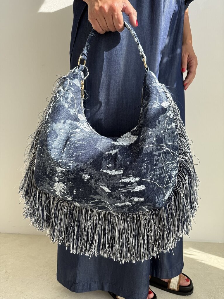 Bag MEZZALUNA denim frange 