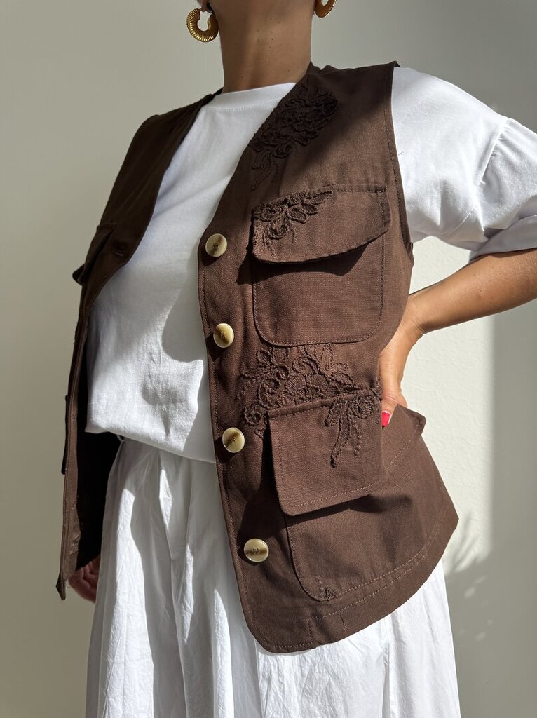 Gilet 4 tasche ricamo - cioccolato 