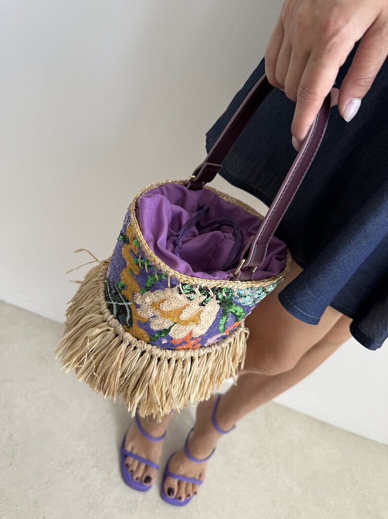 Bag secchiello frangette paillettes viola 
