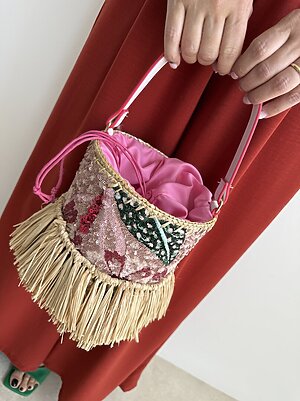 Bag secchiello frangette paillettes rosa