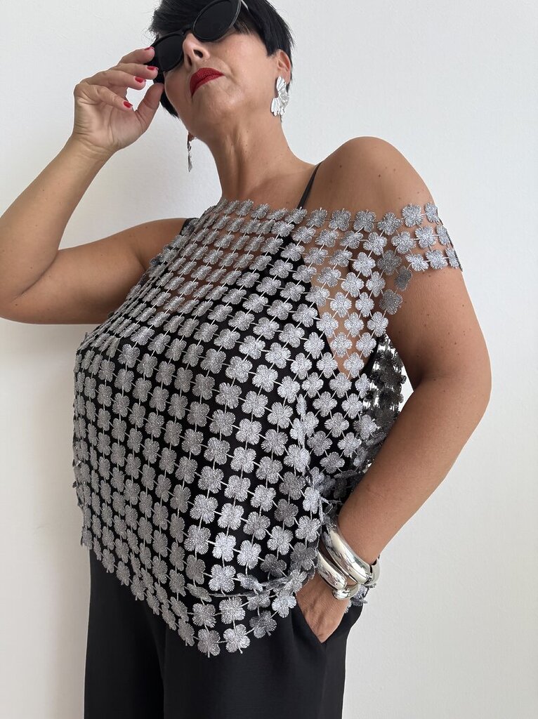 Top traforato quadrifoglio lurex - Grigio 